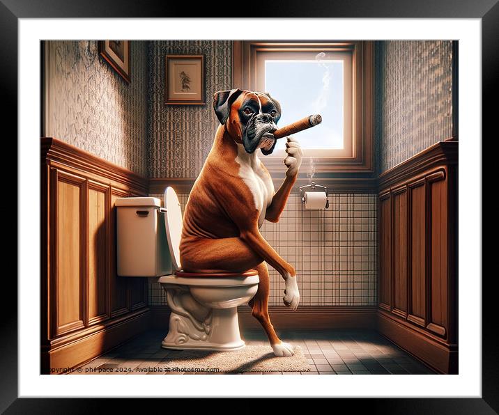 How a Classy Boxer Takes a Break: Cigar Time in the Bathroom 3 Framed Mounted Print by phil pace