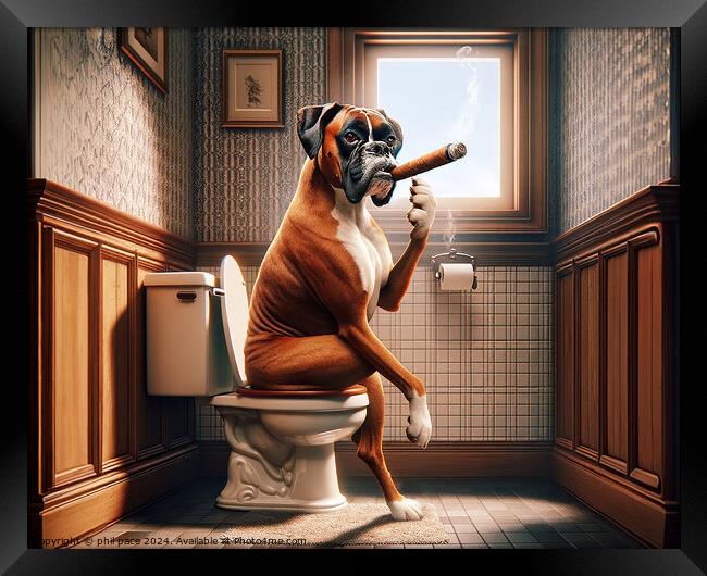 How a Classy Boxer Takes a Break: Cigar Time in the Bathroom 3 Framed Print by phil pace