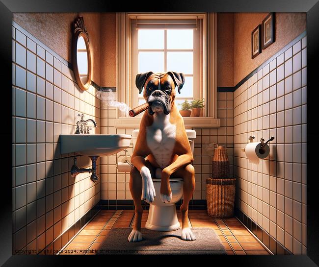How a Classy Boxer Takes a Break: Cigar Time in the Bathroom 2 Framed Print by phil pace