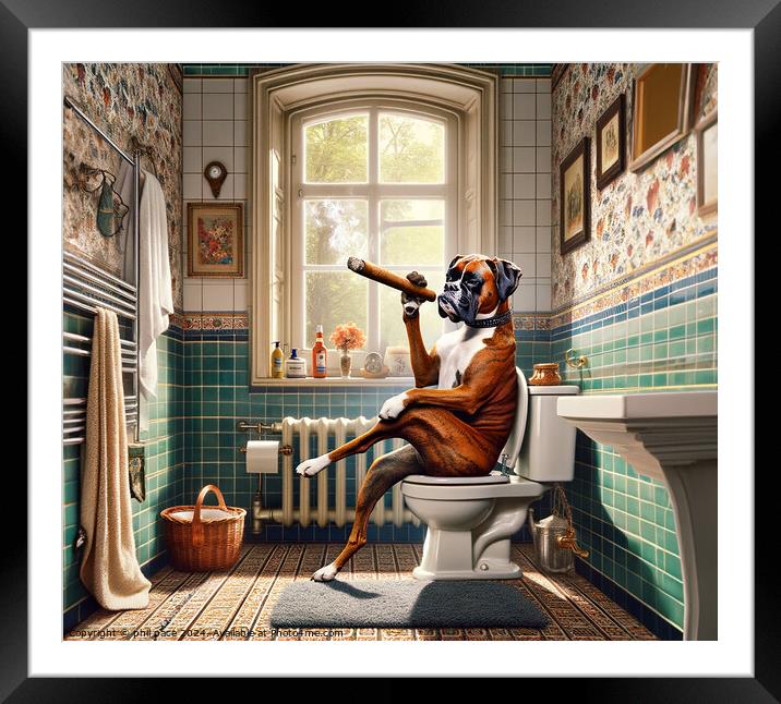 How a Classy Boxer Takes a Break: Cigar Time in the Bathroom 1 Framed Mounted Print by phil pace