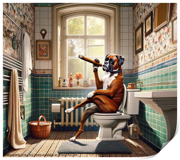 How a Classy Boxer Takes a Break: Cigar Time in the Bathroom 1 Print by phil pace