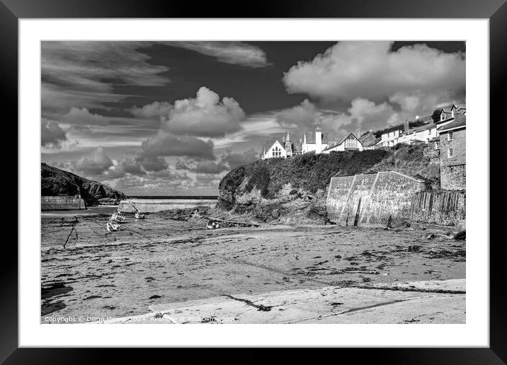 Port Isaac Harbour Monochrome Framed Mounted Print by Diana Mower
