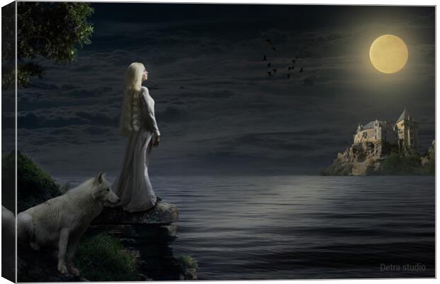 A girl and her white wolf in the moonlight Canvas Print by Dejan Travica