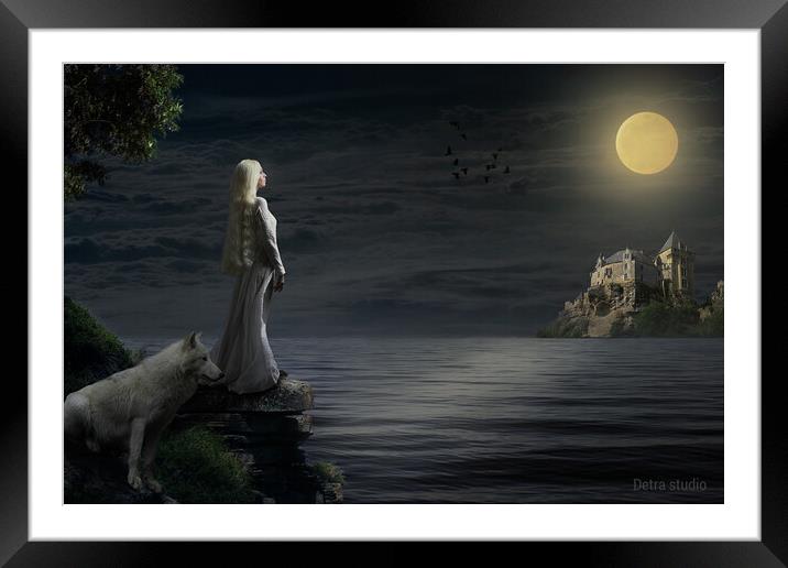 A girl and her white wolf in the moonlight Framed Mounted Print by Dejan Travica