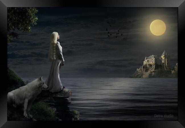 A girl and her white wolf in the moonlight Framed Print by Dejan Travica