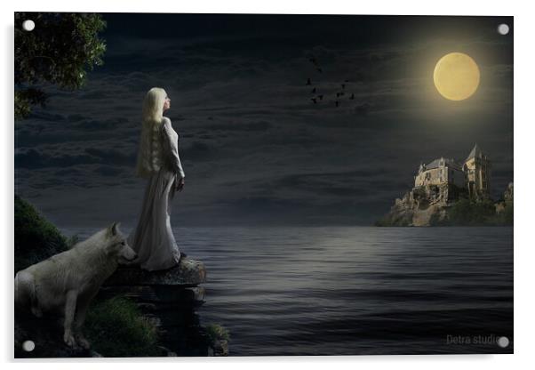 A girl and her white wolf in the moonlight Acrylic by Dejan Travica