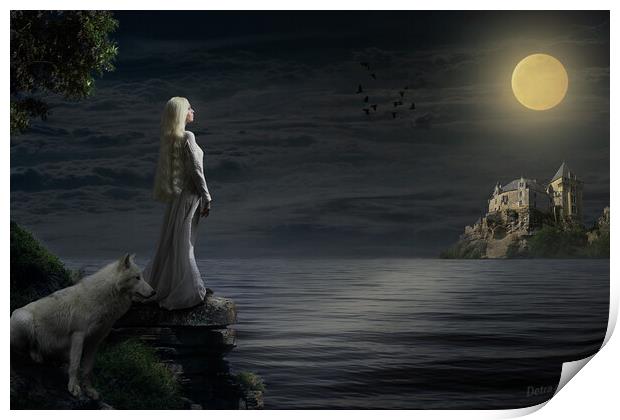 A girl and her white wolf in the moonlight Print by Dejan Travica