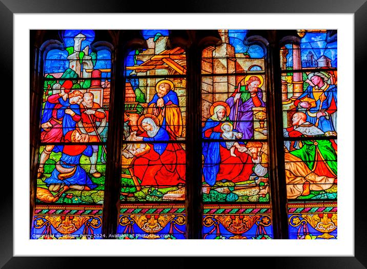 Nativity Stained Glass Saint Bonaventure Lyon France Framed Mounted Print by William Perry