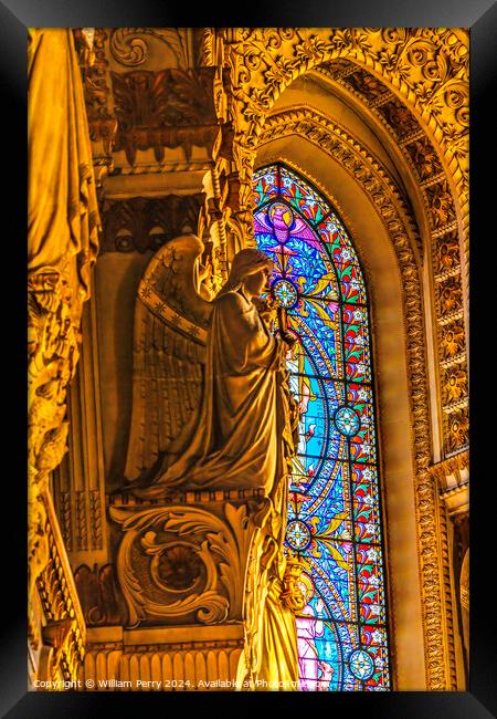 Angel Statue Stained Glass Basilica of Notre Dame Lyon France Framed Print by William Perry
