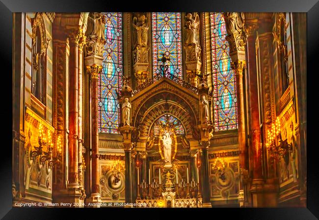 Mary Statue Altar Stained Glass Basilica Notre Dame Lyon France Framed Print by William Perry