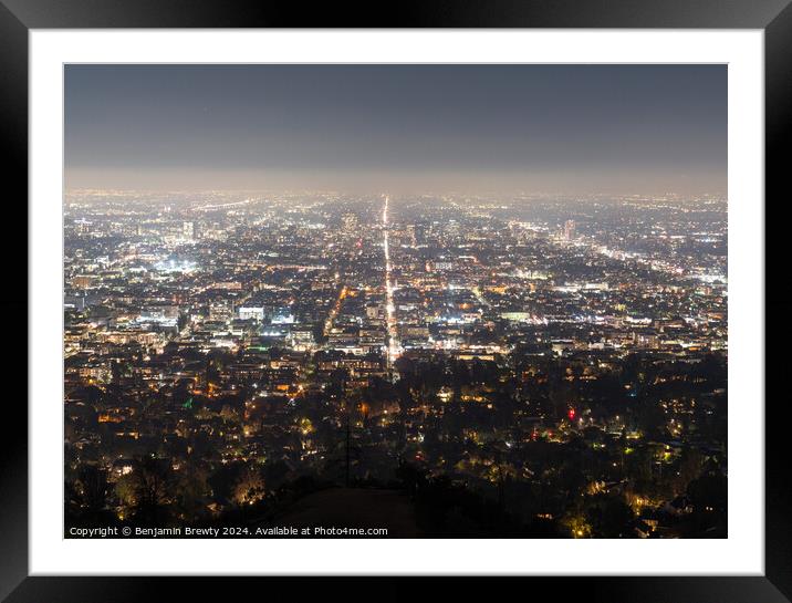 Los Angeles Skyline At Night Framed Mounted Print by Benjamin Brewty