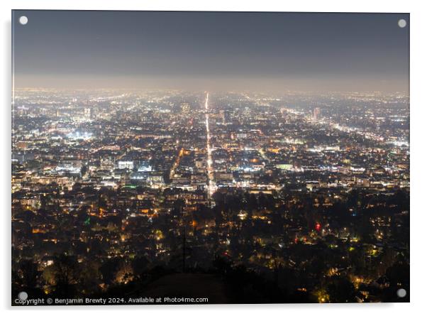Los Angeles Skyline At Night Acrylic by Benjamin Brewty