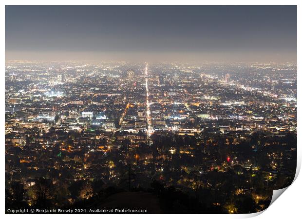 Los Angeles Skyline At Night Print by Benjamin Brewty