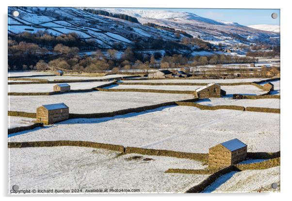 The Barns at Gunnerside in Swaledale on a bright, snowy winter's Acrylic by Richard Burdon