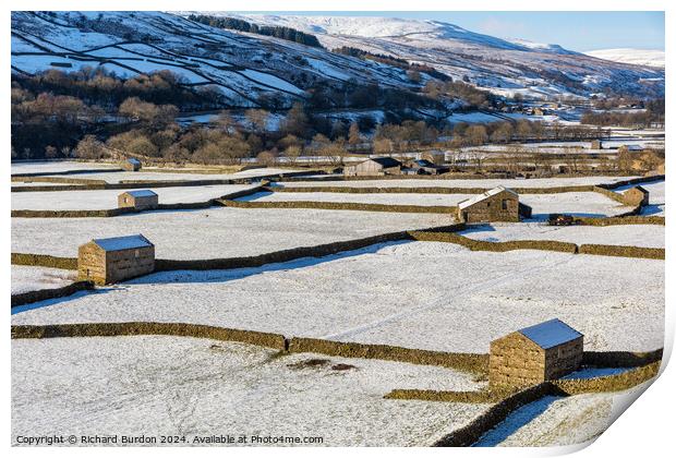 The Barns at Gunnerside in Swaledale on a bright, snowy winter's Print by Richard Burdon