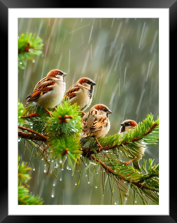 Sparrows in the Rain Framed Mounted Print by T2 