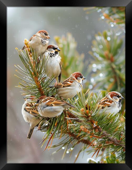 Sparrows in the Rain Framed Print by T2 