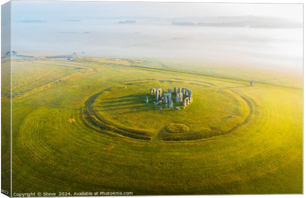 Aerial View of Stonehenge During Summer Solstice Sunrise, Wiltshire, UK Canvas Print by Steve 
