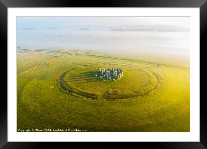 Aerial View of Stonehenge During Summer Solstice Sunrise, Wiltshire, UK Framed Mounted Print by Steve 
