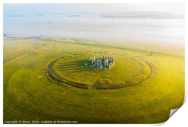 Aerial View of Stonehenge During Summer Solstice Sunrise, Wiltshire, UK Print by Steve 