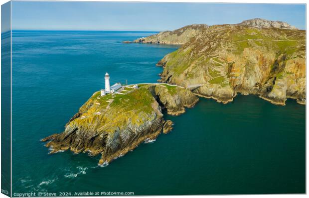 Aerial View of South Stack Lighthouse From Above the Sea, Anglesey, Wales Canvas Print by Steve 