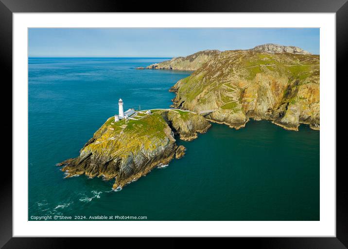 Aerial View of South Stack Lighthouse From Above the Sea, Anglesey, Wales Framed Mounted Print by Steve 