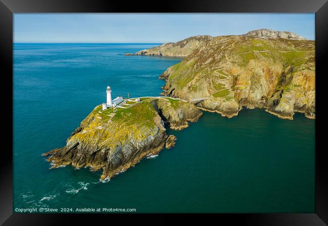 Aerial View of South Stack Lighthouse From Above the Sea, Anglesey, Wales Framed Print by Steve 