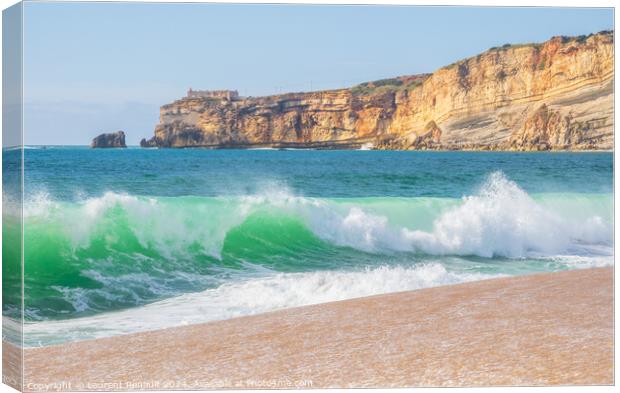 Wave and cliffs in Atlantic Ocean on the beach in Nazaré, Portu Canvas Print by Laurent Renault