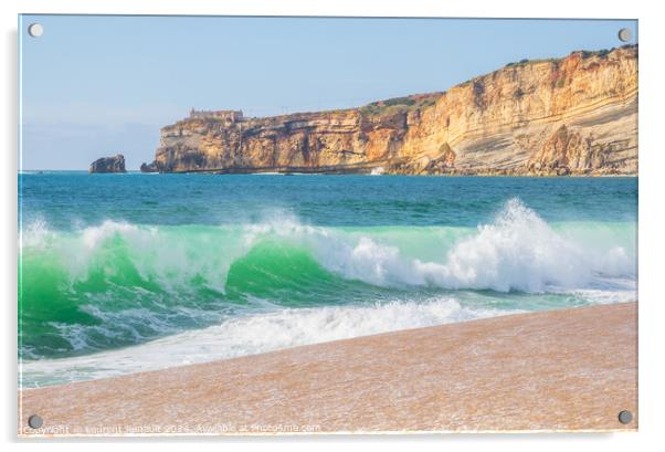 Wave and cliffs in Atlantic Ocean on the beach in Nazaré, Portu Acrylic by Laurent Renault