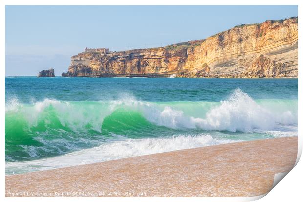 Wave and cliffs in Atlantic Ocean on the beach in Nazaré, Portu Print by Laurent Renault