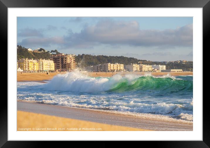 Big wave in Atlantic Ocean on the beach in Nazaré, Portugal Framed Mounted Print by Laurent Renault