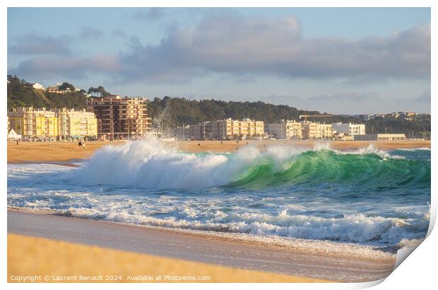 Big wave in Atlantic Ocean on the beach in Nazaré, Portugal Print by Laurent Renault