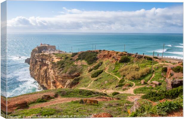 Waves near the Fort of Sao Miguel in Nazaré Canvas Print by Laurent Renault