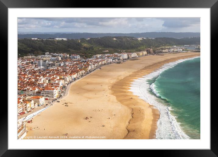 Aerial view of Nazaré beach and the Atlantic ocean, Portugal Framed Mounted Print by Laurent Renault