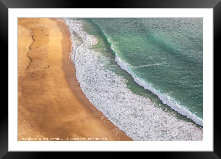 Aerial view of the sandy beach in Nazaré, Portugal Framed Mounted Print by Laurent Renault