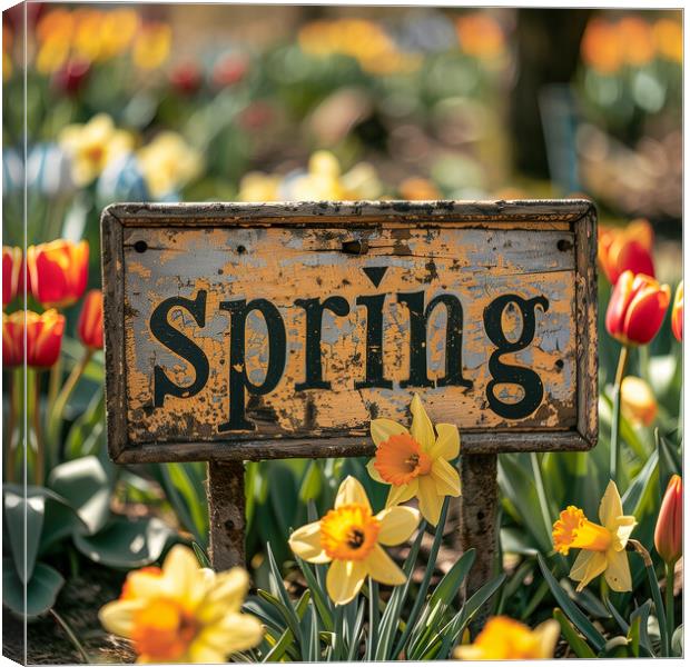 Spring Sign with Spring Flowers Canvas Print by T2 