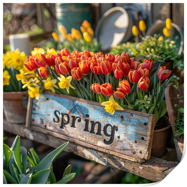 Spring Sign with Spring Flowers Print by T2 