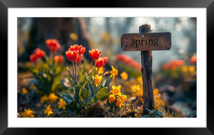 Spring Sign with Spring Flowers Framed Mounted Print by T2 
