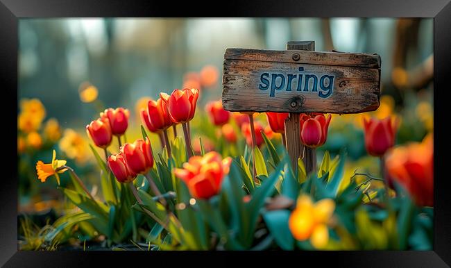 Spring Sign with Spring Flowers Framed Print by T2 