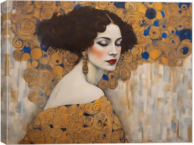 A Dark Haired Lady in the Style Klimt Canvas Print by Anne Macdonald