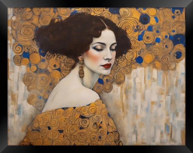 A Dark Haired Lady in the Style Klimt Framed Print by Anne Macdonald