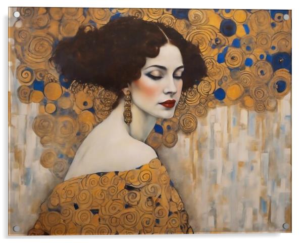 A Dark Haired Lady in the Style Klimt Acrylic by Anne Macdonald