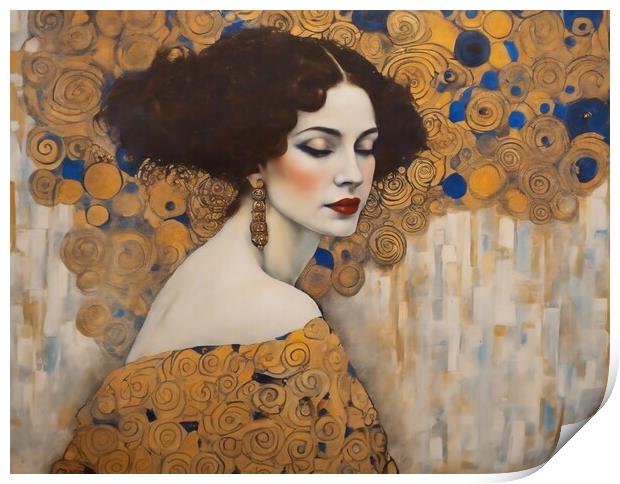 A Dark Haired Lady in the Style Klimt Print by Anne Macdonald