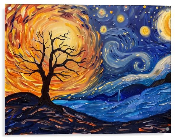 Lone Tree and Swirl Night Sky Painting Acrylic by T2 