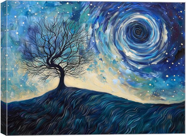 Lone Tree and Swirl Night Sky Painting Canvas Print by T2 
