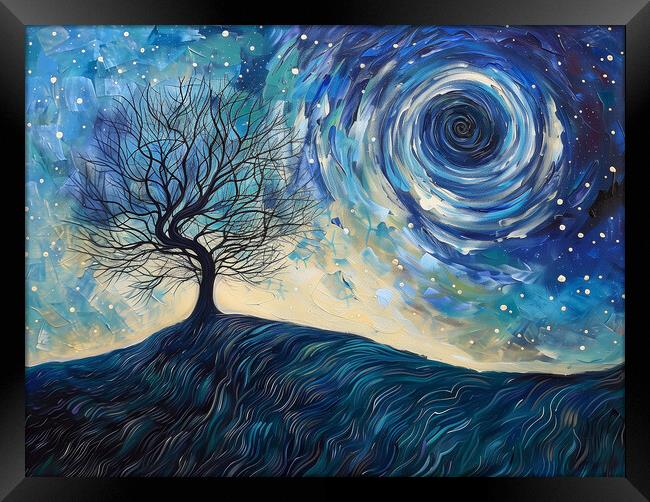 Lone Tree and Swirl Night Sky Painting Framed Print by T2 
