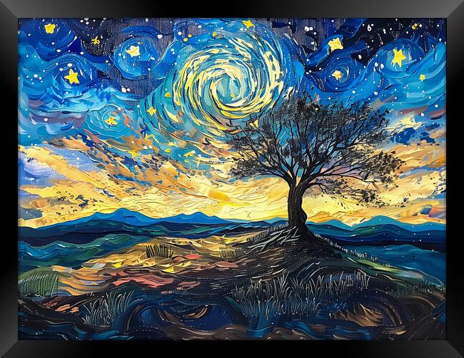 Lone Tree and Swirl Night Sky Painting Framed Print by T2 