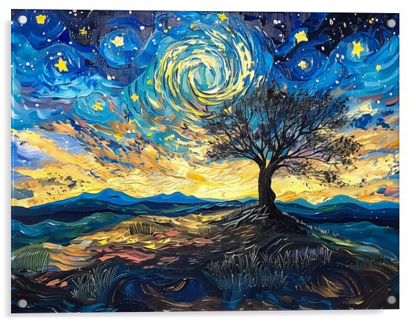 Lone Tree and Swirl Night Sky Painting Acrylic by T2 