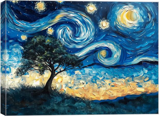 Lone Tree and Swirl Night Sky Painting Canvas Print by T2 