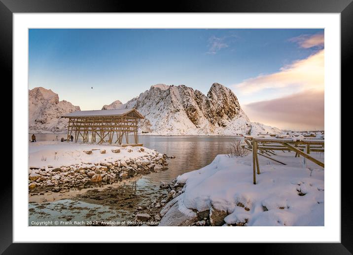 Cod drying racks in Hamnoy on Lofoten, Norway Framed Mounted Print by Frank Bach